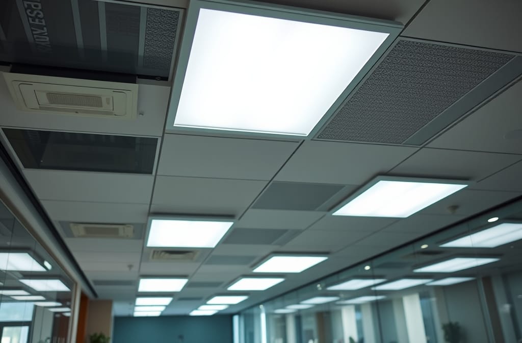 Modern LED panel lights installed in a brightly lit Pakistani office, no text, no watermark, no labels, no writing, no logos
