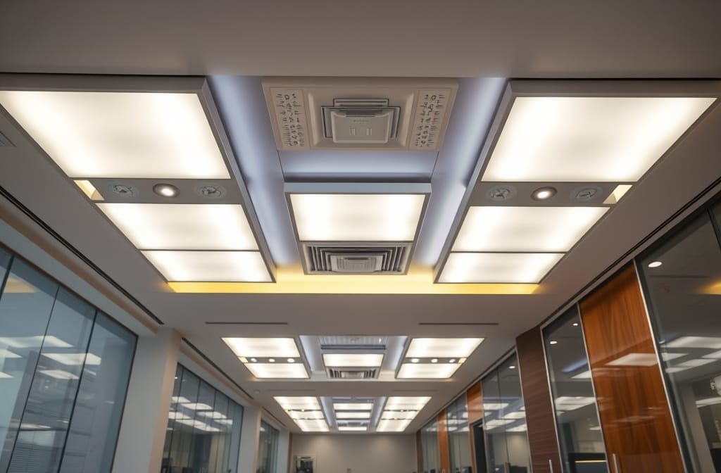 A Pakistani office interior illuminated by multiple modern LED panel lights, no text, no watermark, no labels, no writing, no logos