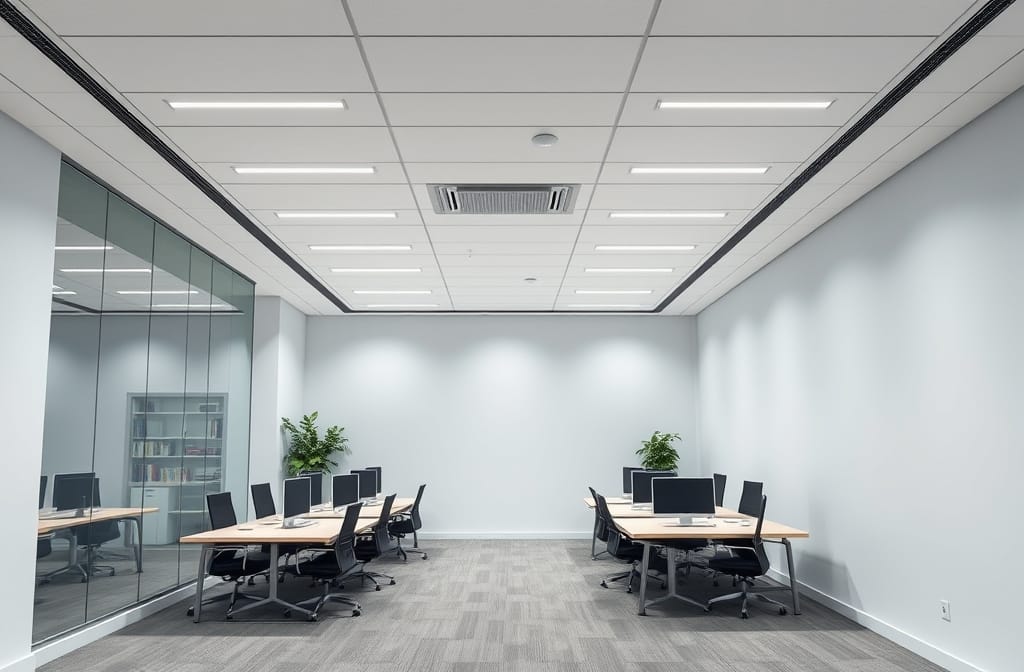 A modern office space with clean lines and bright LED panel lighting, no text, no watermark, no labels, no writing, no logos