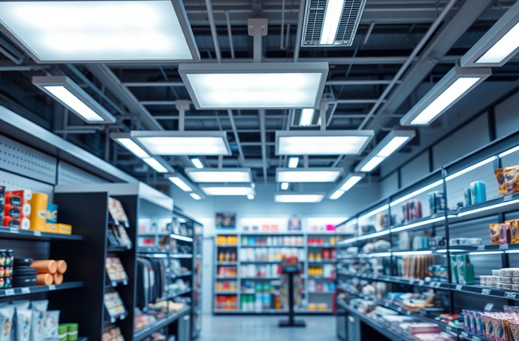 A retail store brightly illuminated by LED panel lights, showcasing products clearly, no text, no watermark, no labels, no writing, no logos