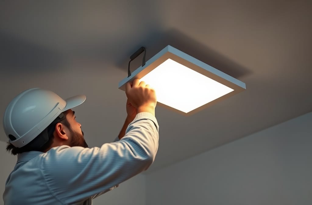 An electrician installing an LED panel light into a false ceiling in Pakistan, no text, no watermark, no labels, no writing, no logos